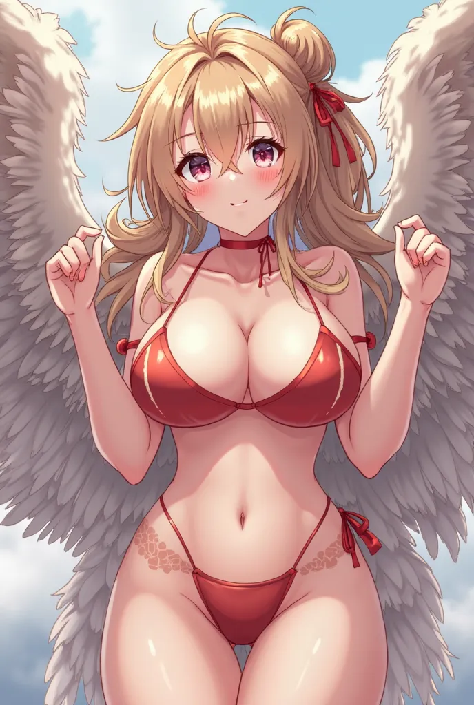 An anime character with large breasts with open feathers showing her pussy without clothes