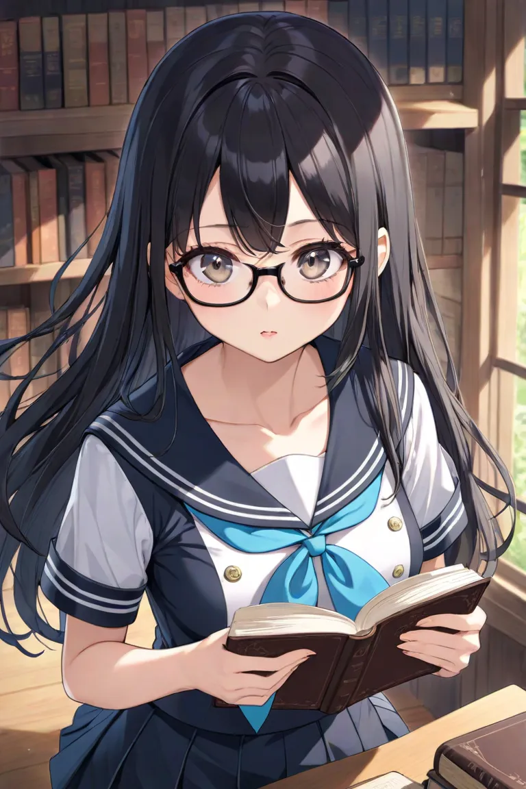 Anime style beautiful girl、long hair black hair、 big eyes、 black rimmed glasses、book、Short Sleeve Sailor Suit、white black、