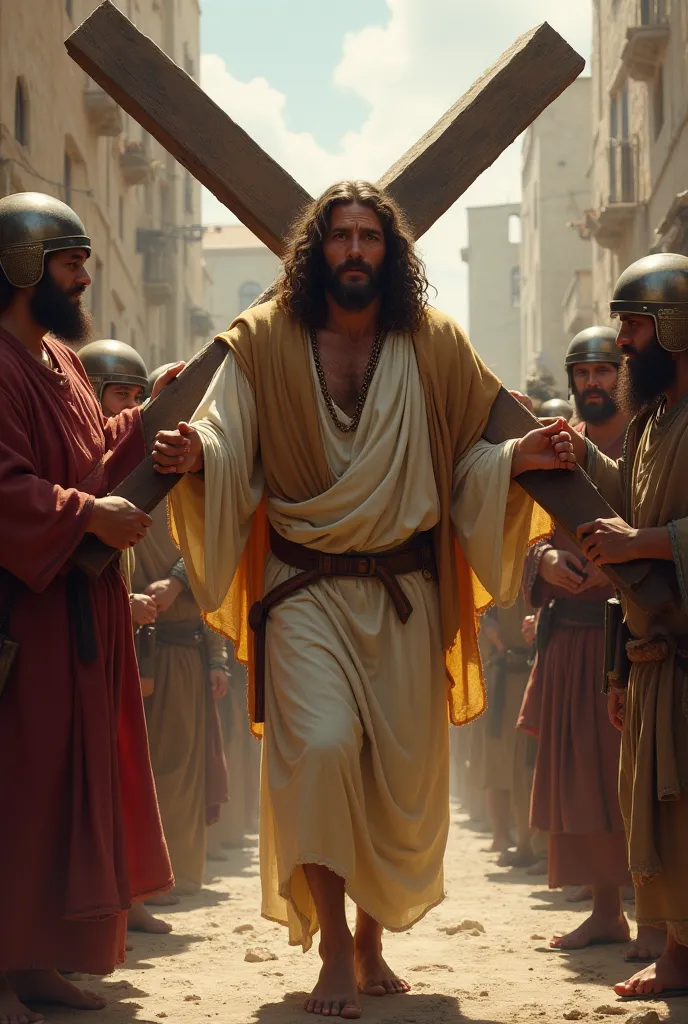 Make image Jesus Christ picking up very heavy cross on his shoulder on Jerusalem street and people are after him soldiers bitting him hard make sad image Jesus beautiful face