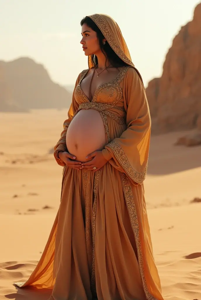 A Jewish pregnant woman, in the middle of the desert, afflicted and fearful