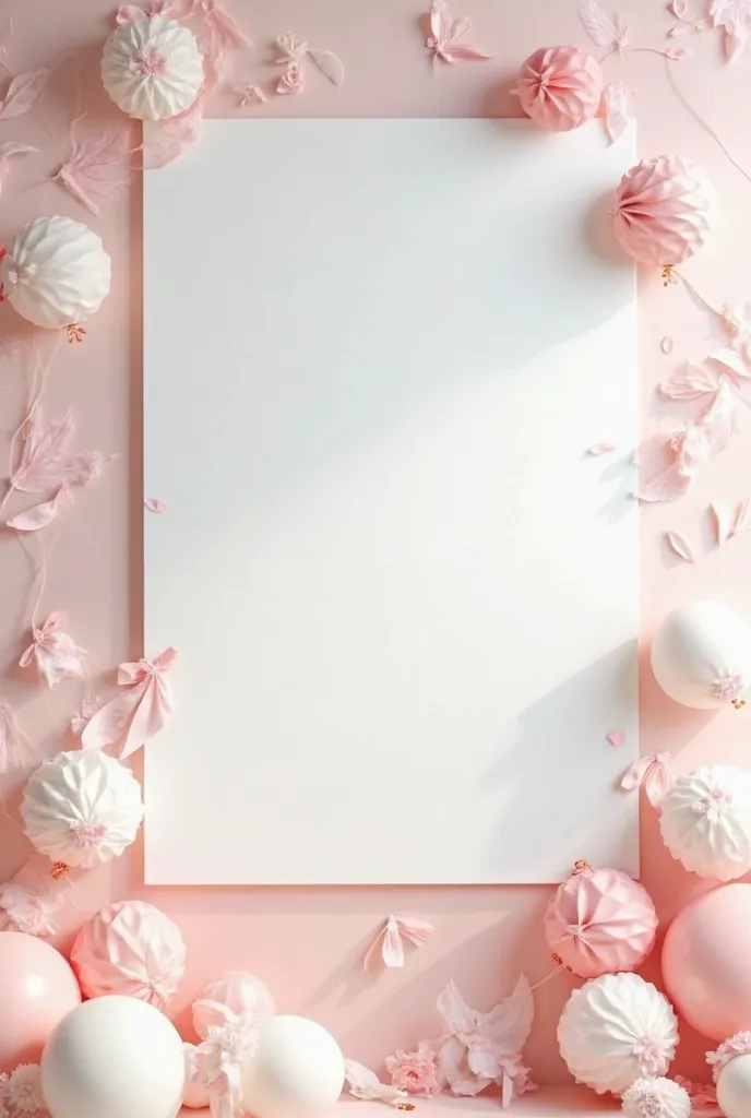 Small event, inside a classroom in a white board, without people, simple decoration, white & pink theme. Materials: small amount of balloons, folic paper, bandana, ribbons.