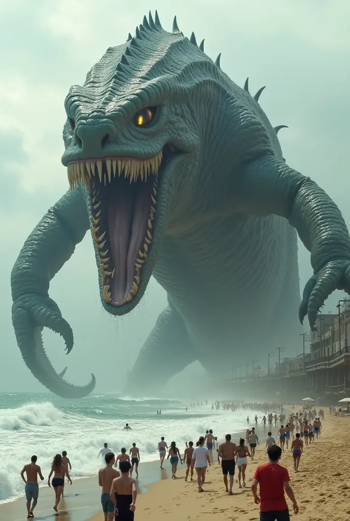 "A colossal sea monster emerges from the waters off the beach in Rio de Janeiro, creating a scene of chaos and terror. Its giant body is covered in wet, flat scales, with enormous tentacles extending into the sand. Its luminous eyes reflect the sunlight, a...