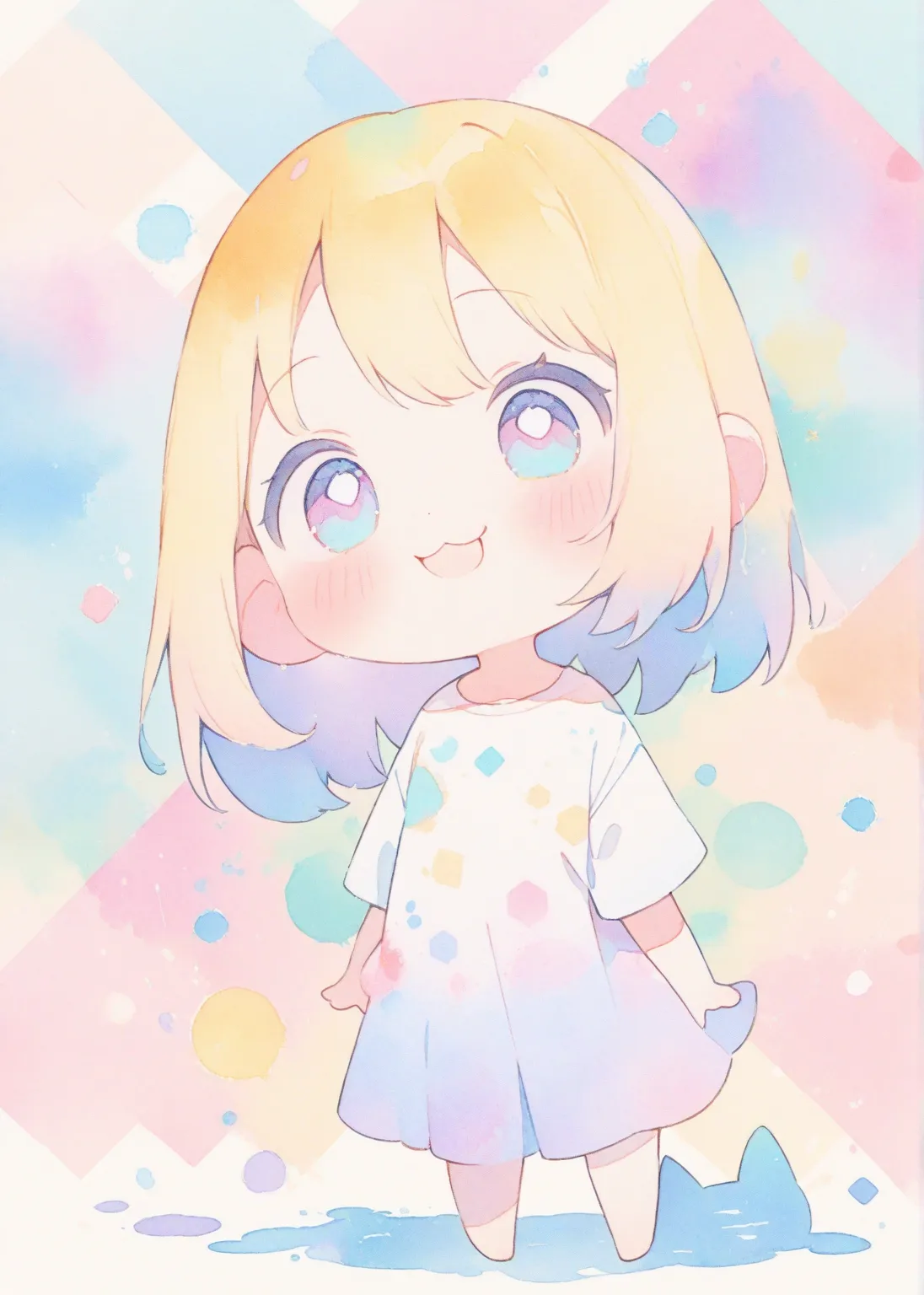 ((cute, chibi)) 1girl, solo, standing, big smile, girl facing viewer, (beside a cat looking up at her), masterpiece, wallpaper, background (pastel colors, watercolor, splash, geometric), line art