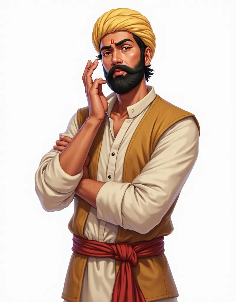 Character: व्यापारी रघुनाथ (Trader Raghunath)

Description: A merchant in traditional attire, showing a mix of regret and concern. His clothes are simple yet well-maintained.

Pose: Nodding while speaking, reflecting his contemplative mood.

Background: Pu...