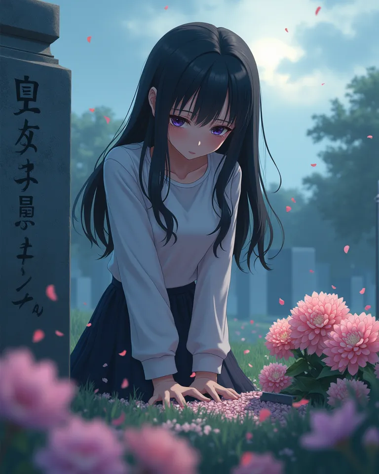 Create me an image of an anime girl crying in front of a tomb with flowers 