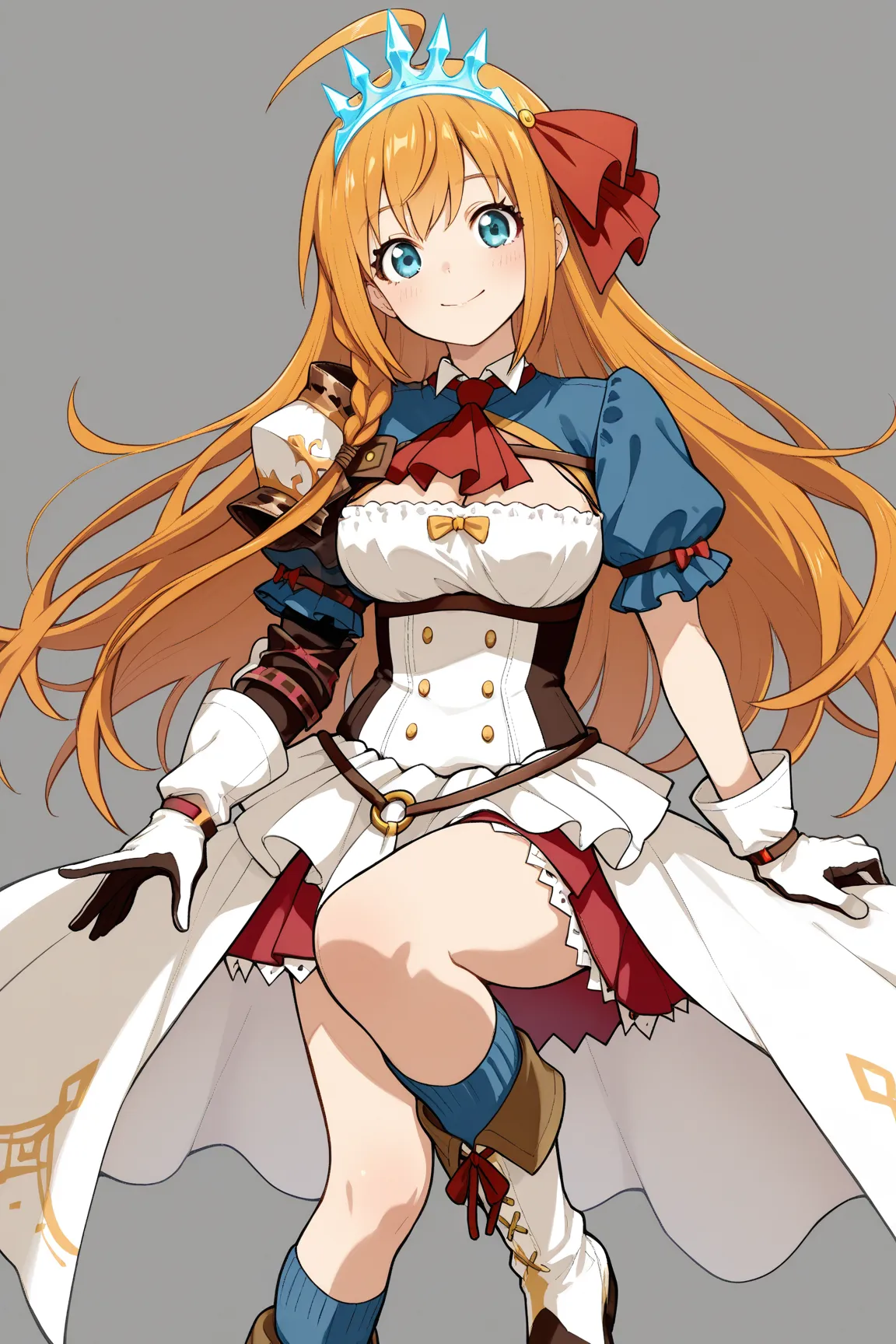 pecorine, blue eyes, hair ornament, long hair, orange hair, tiara, braid, hair braid,
arm belt, armor, ascot, blue socks, boots, dress, gloves, hair ornament, open clothes, open dress, pauldrons, pleated skirt, puffy short sleeves, puffy sleeves, red ascot...