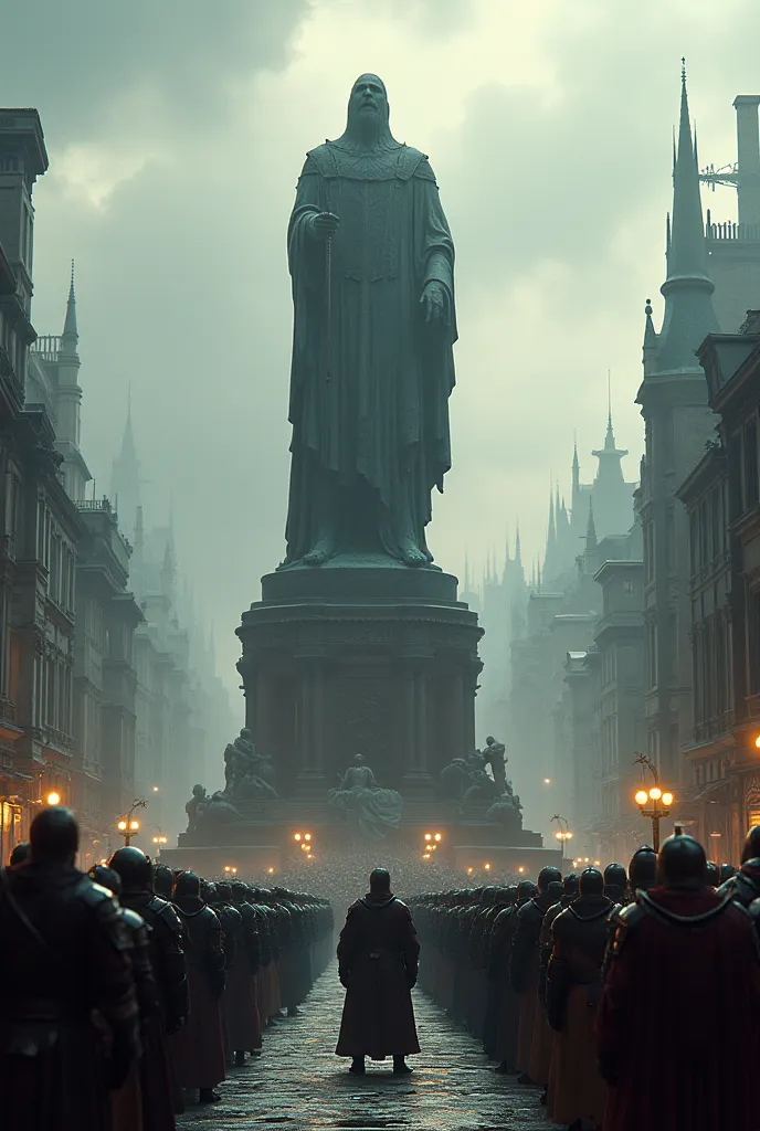 cinematic film with statue of fallen god and many knights watching the castle on middle city