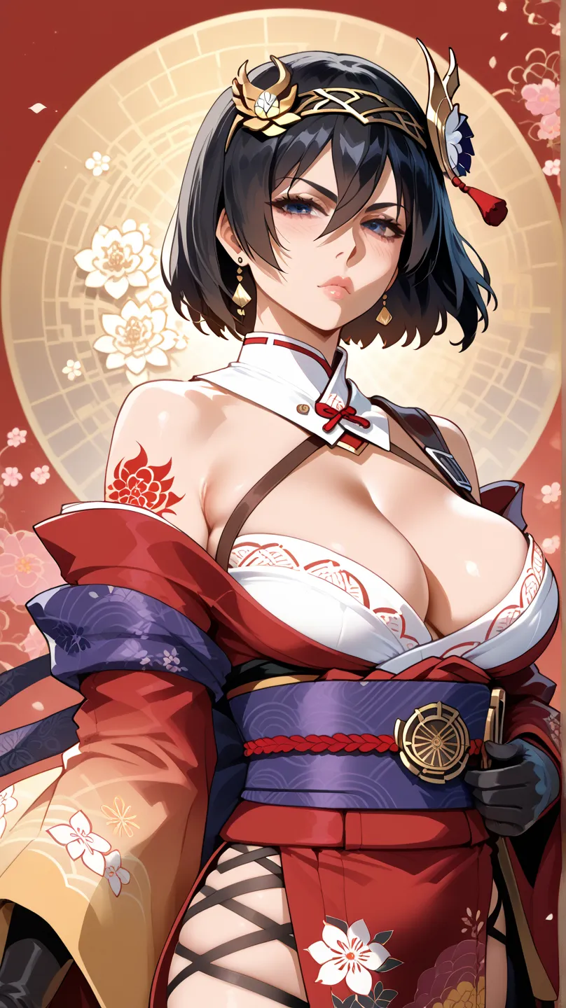 Mikasa Ackerman in traditional japanese attire, adorned with intricate floral patterns and vibrant colors. the image also shows intricate tattoos on her arms and shoulders. on the middle of the image, a 20-year-old woman with light skin, eyes appears to be...