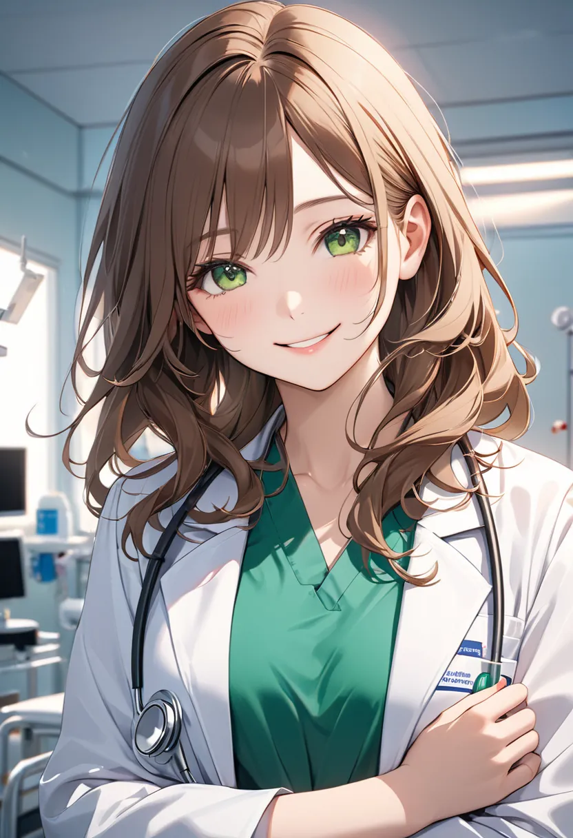 8k,  female model , long, wavy brown hair, green eyes, place environment in hospital,  soft light, Are you wearing medical lab coat , Smile kindly at patient, quality image,  very detailed