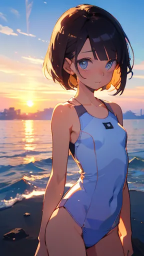 woman, white one-piece swimsuit, Standing on the Beach,  from the front ,  Knee Length Shot , blue sky, (double exposure:1.5)), (Swimsuit at sunset at sea:1.3), ((masterpiece)), ((best quality)), (super detailed), ((beautiful eyes)), 日本人woman, (slender:1.3...