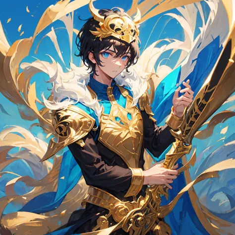 A male,Wearing golden armor, Warrior,Face the camera sideways ,Handsome,short black hair,Wear a golden lion helmet,Holding a blue and gold sword,gorgeous,((Pure blue background))