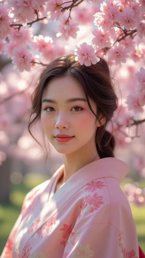 A high-quality photograph of a beautiful Japanese girl standing under a fully bloomed cherry blossom tree. She is smiling gently, wearing a soft pastel kimono with delicate floral patterns. The sunlight filters through the petals, creating a dreamy atmosph...