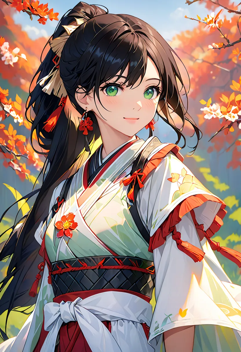 1人of女of子, armor, black_hair, to shoulders, to shoulders_background, to shoulders_prospect, chest, green_eye,  closed _mouth, Depth_of_Field, earrings, jewelry, length_hair, looking at_in_viewer, smile, Alone, upper_body