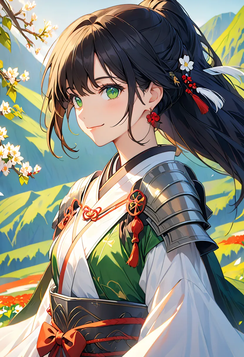 1人of女of子, armor, black_hair, to shoulders, to shoulders_background, to shoulders_prospect, chest, green_eye,  closed _mouth, Depth_of_Field, earrings, jewelry, length_hair, looking at_in_viewer, smile, Alone, upper_body