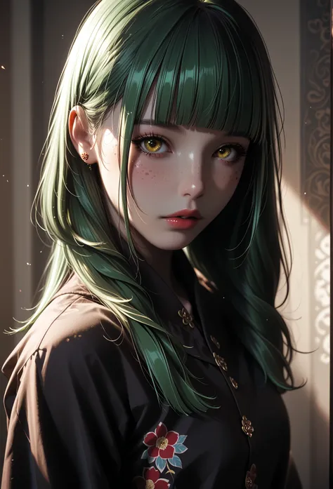 A mesmerizing surreal illustration of a young japanese woman. She has pastel green hair with blunt bangs, yellow eyes, sexy outfit with floral patterns. Freckles, shiny skin, colorful tattoos cover her arms and legs. The tattoos feature traditional Japanes...