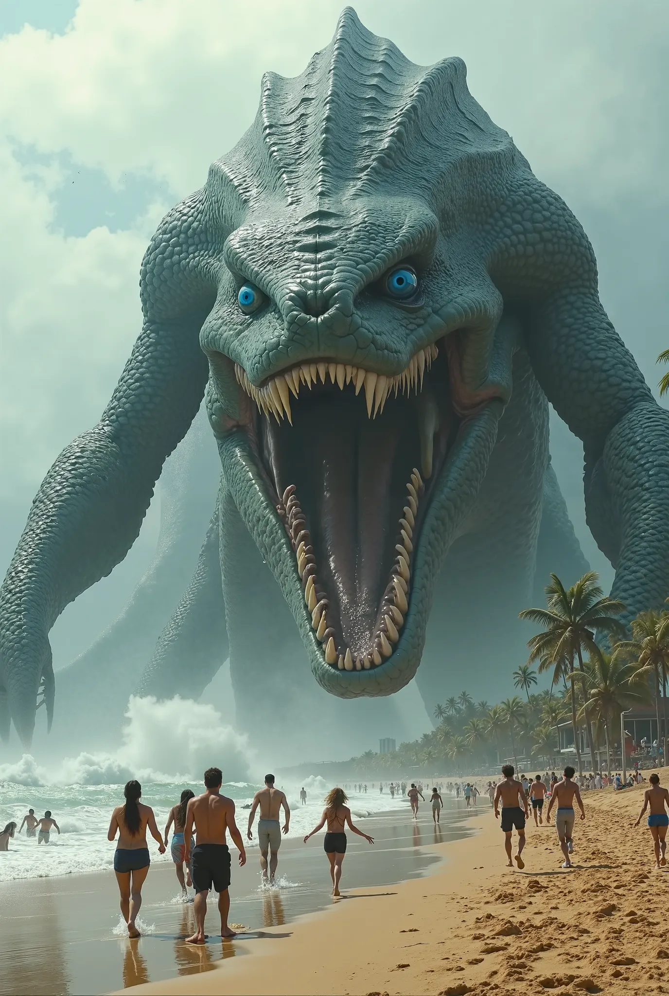 "A colossal sea monster emerges from the waters off the beach in Rio de Janeiro, creating a scene of chaos and terror. Its giant body is covered in wet, flat scales, with enormous tentacles extending into the sand. Its luminous eyes reflect the sunlight, a...