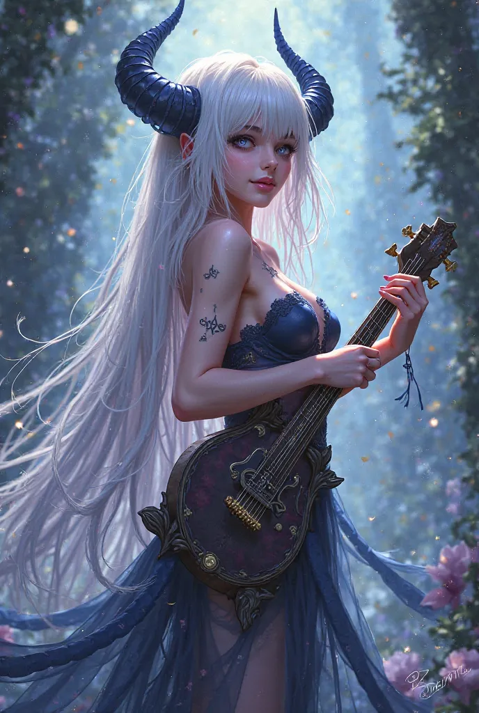 Anime demoniss bard, beautiful face anime style, white hair, full body, dnd bard, nude 