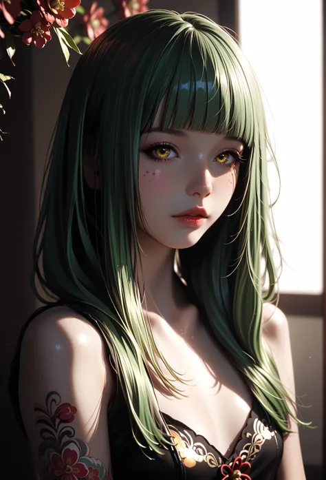 A mesmerizing surreal illustration of a young japanese woman. She has pastel green hair with blunt bangs, yellow eyes, sexy outfit with floral patterns. Freckles, shiny skin, colorful tattoos cover her arms and legs. The tattoos feature traditional Japanes...