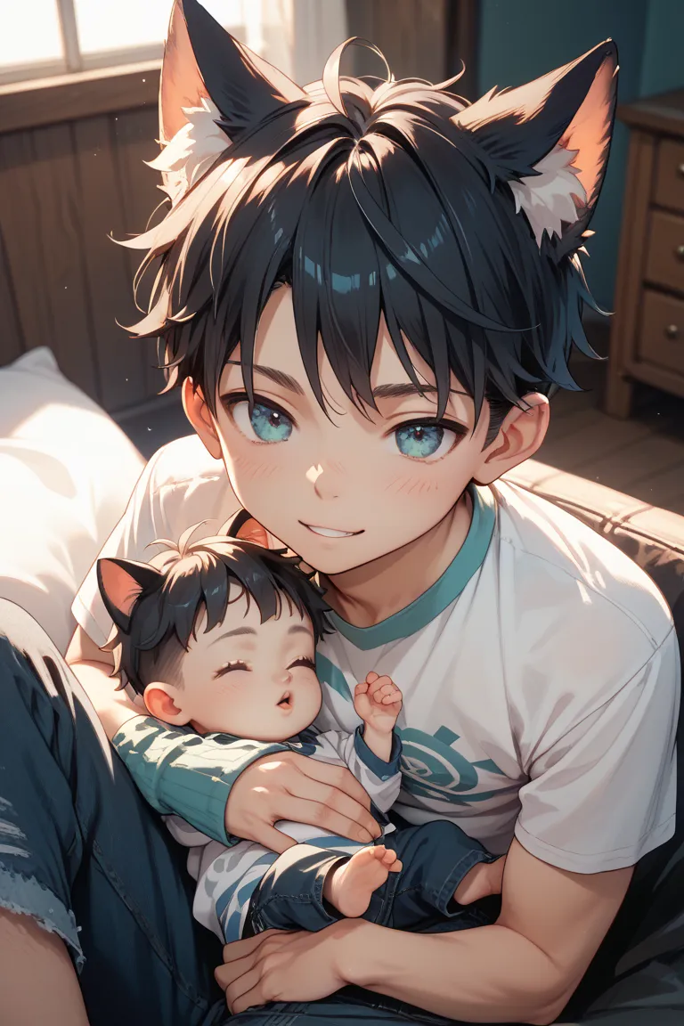 Baby-faced boy with black hair and cat ears