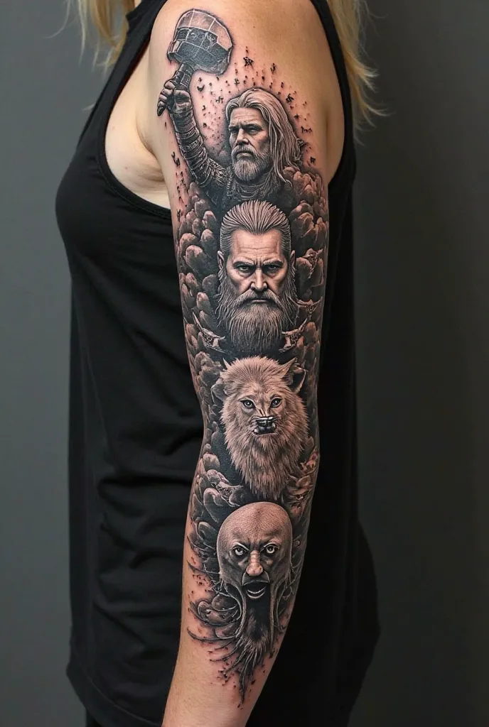 The tattoo must cover the entire arm, starting at the shoulder and working down to the wrist.
Place the figure of Thor on top, with his famous hammer, Mjolnir,  raised above the head . It must have a powerful expression, symbolizing strength and protection...