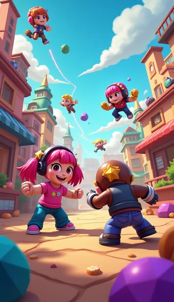 A dynamic, action-packed background depicting a stylized, lighthearted brawl between several iconic Brawl Stars characters (e.g., Shelly, Colt, Nita) amidst a vibrant blend of signature environments (Gem Grab, Brawl Ball, Heist maps), rendered in a bright,...