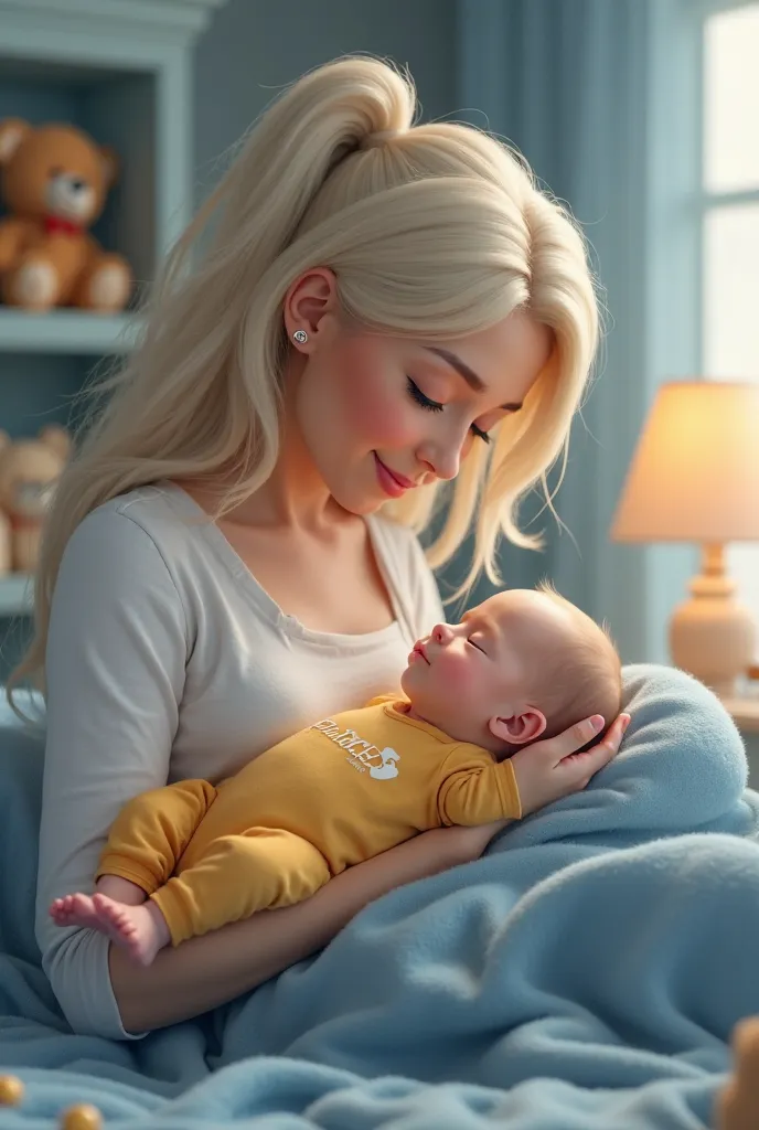 3. A white mother with blond hair holds her baby in her arms while sitting in a comfortable armchair in the baby's room, decorated in soft blue tones. the baby, with clear eyes and serene expression, wears a yellow bodysuit with "Promokids"  written in the...