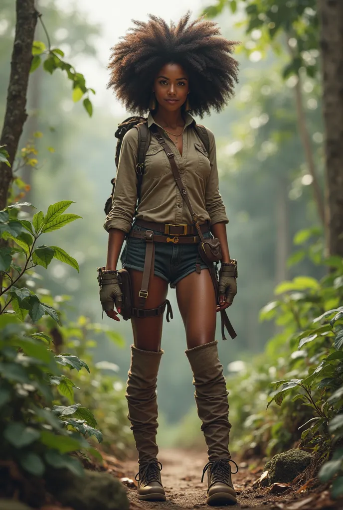 Slim brunette  with plentiful afro-styled hair in her explorer costume