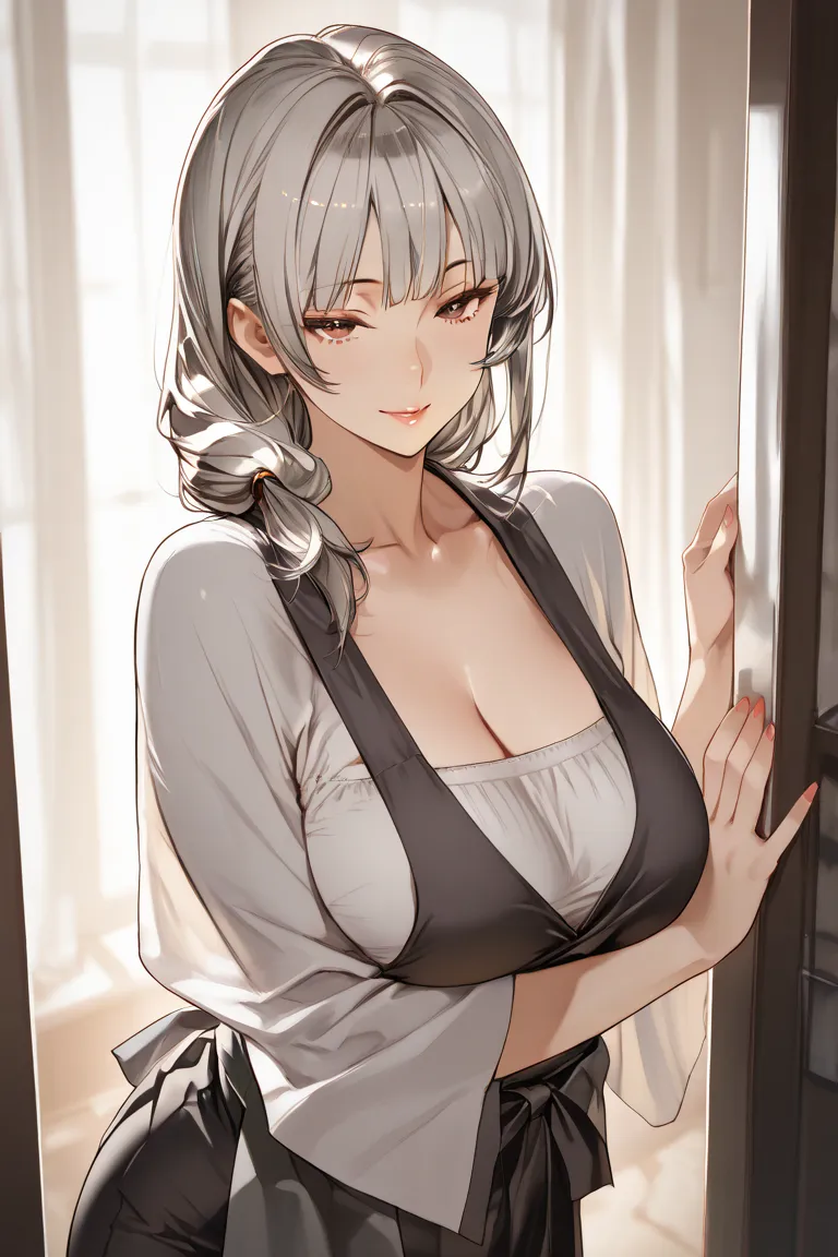 Masterpiece, high contrast, very aesthetic, mature female, housewife, grey hair, hime hair cut, ultra detailed, highres, best quality, seductive pose