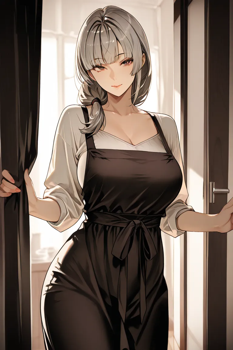 Masterpiece, high contrast, very aesthetic, mature female, housewife, grey hair, hime hair cut, ultra detailed, highres, best quality, seductive pose