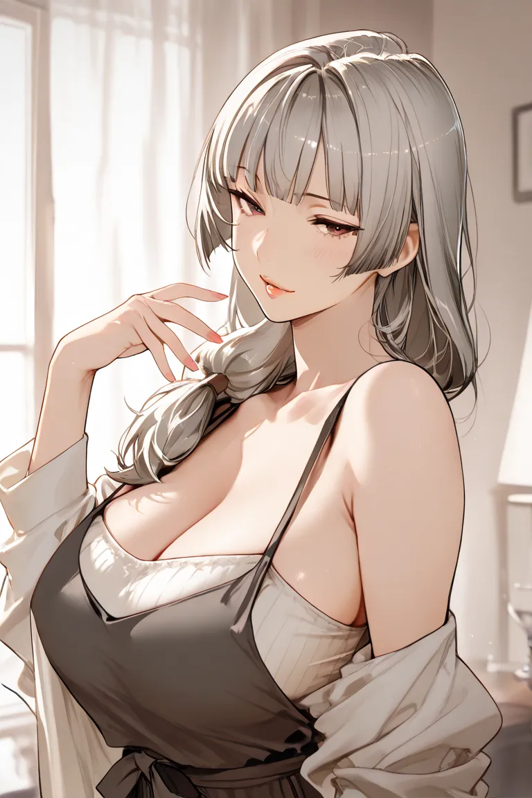 Masterpiece, high contrast, very aesthetic, mature female, housewife, grey hair, hime hair cut, ultra detailed, highres, best quality, seductive pose