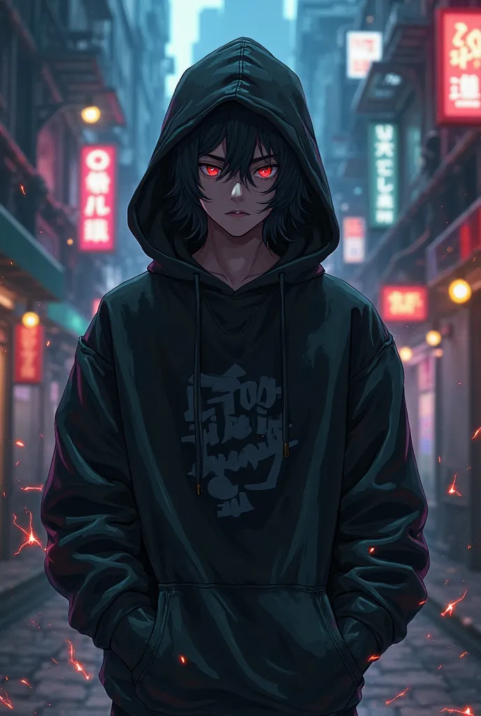 A 17-year-old with anime-style black hoodie powers