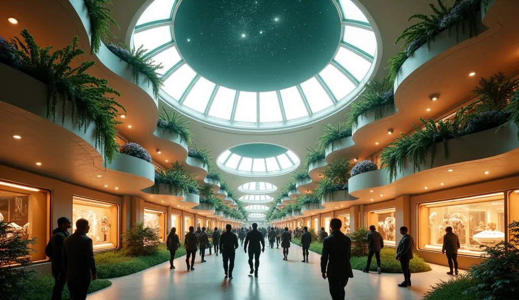 Create 8K quality cinematic image rendered in the style of Unreal Engine 5, depicting a large indoor space, resembling a futuristic shopping mall or marketplace, is set within a massive, glass-domed structure.  Many people, of various appearances and ages,...