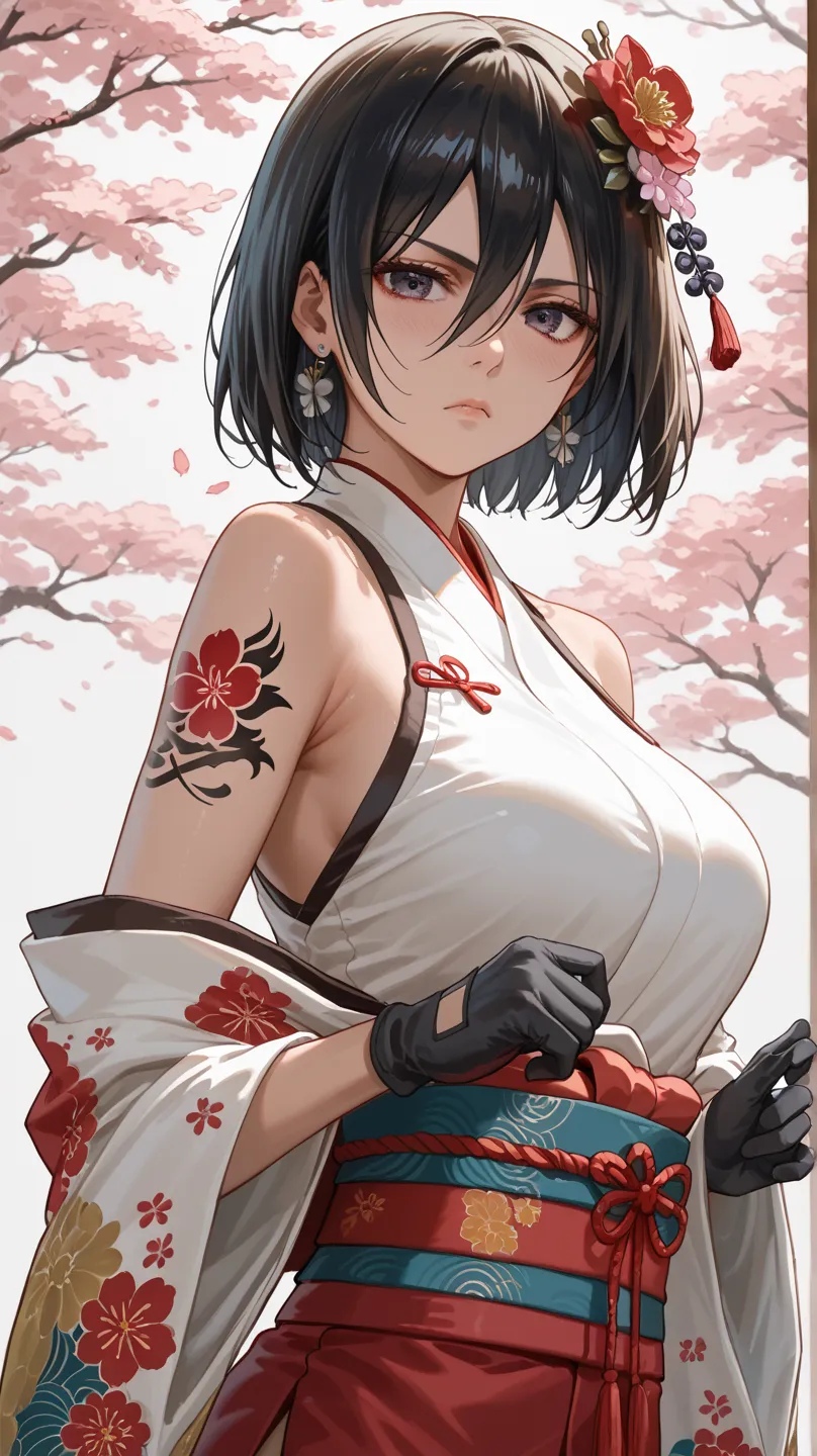 Mikasa Ackerman in traditional japanese attire, adorned with intricate floral patterns and vibrant colors. the image also shows intricate tattoos on her arms and shoulders. on the middle of the image, a 20-year-old woman with light skin, eyes appears to be...