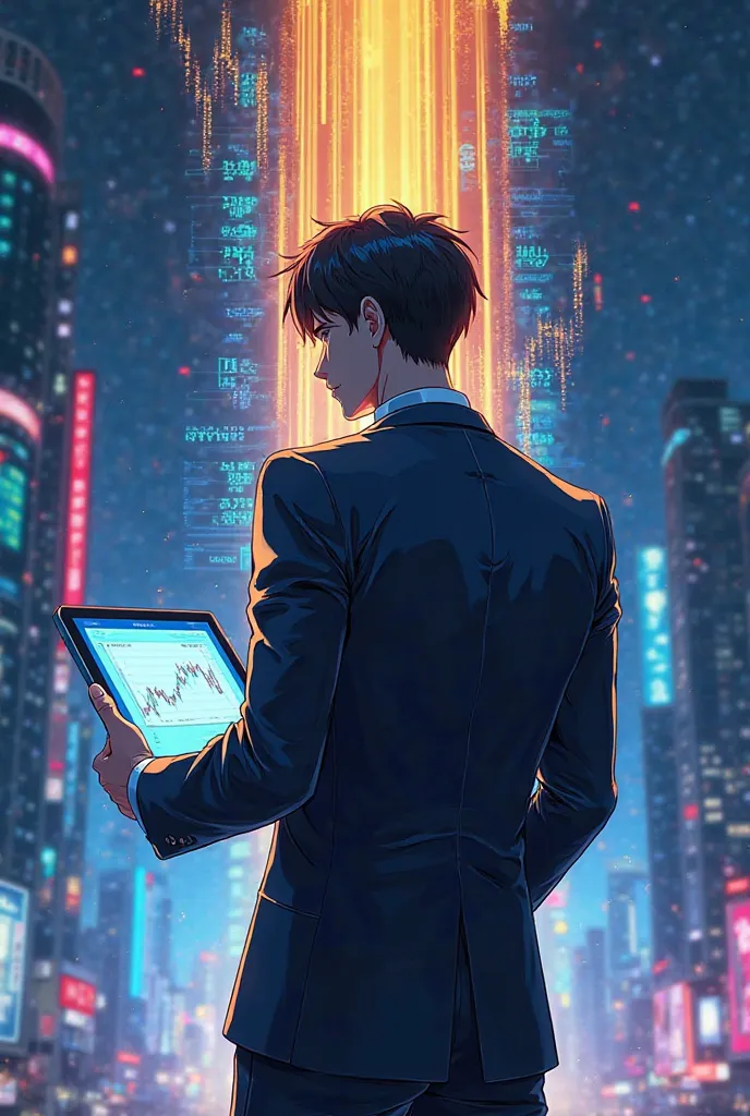 Anime illustration: A man with a sleek, fur-free body, stands confidently. He's wearing a fitted, futuristic business jacket with neon-blue accents. In front of him, a towering stock market graph surges upward with glowing golden lines. His sharp, intellig...