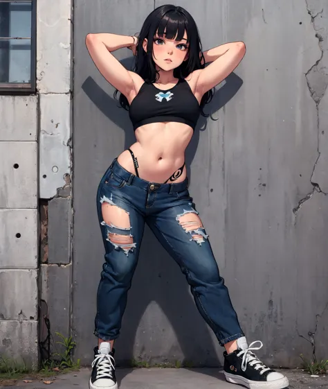 Girl with bangs, magriha, With arms back, posing embedded against the wall and showing off her sexy belly, wearing top,  ripped pants and sneakers all star . Several small tattoos on the body and belly
