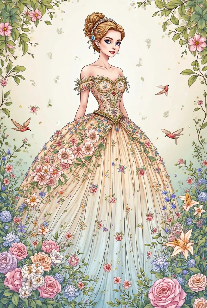 Drawing of a princess dress with flowers, birds and gemstones in line art style