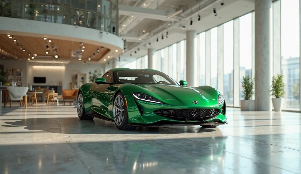 front view side of pure green in showroom about mazda rx 7, highly detailed, photorealistic, studio lighting, 8k, precise, crisp, vibrant colors, mazda rx 7 in center, glossy green exterior, chrome accents, precise details, floor-to-ceiling windows, modern...