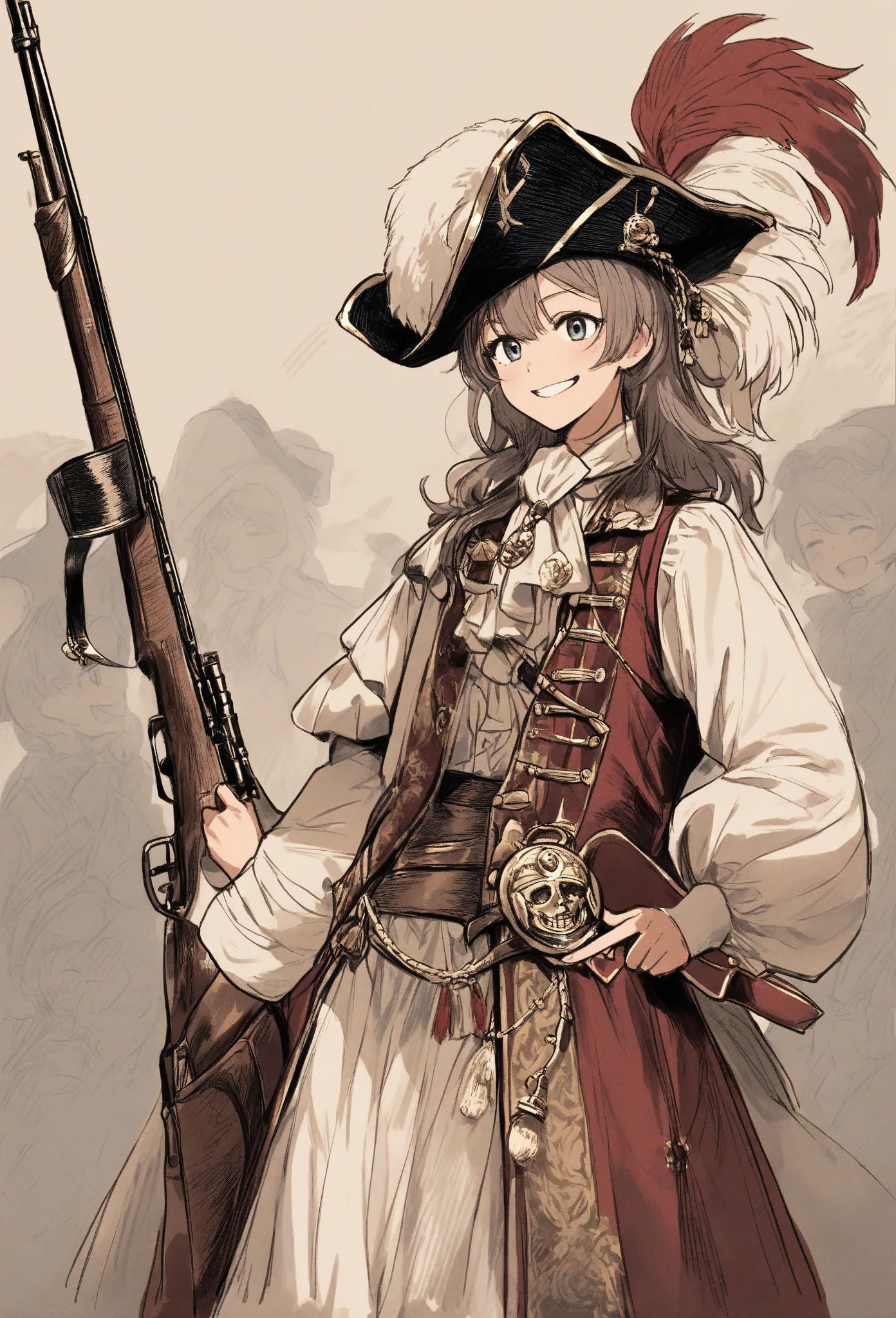 A 19-year-old pirate ,18th century costume, pointing a rifle, smiling