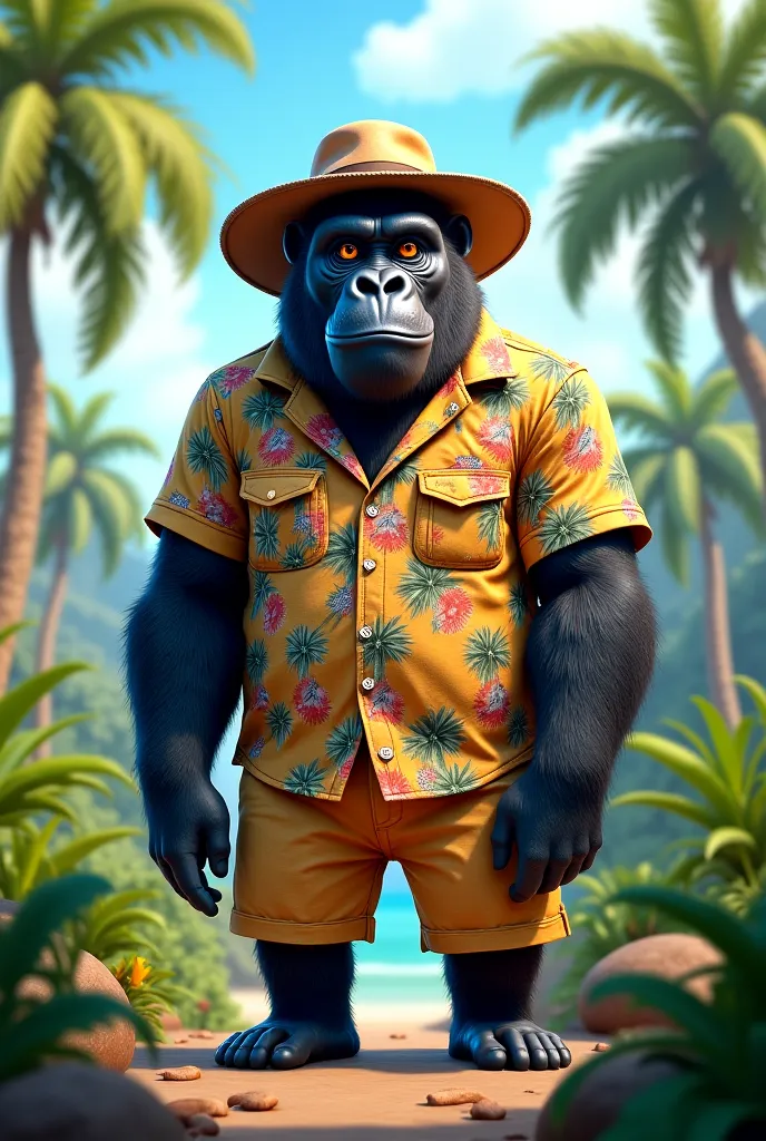 Gorilla in tourist clothes looking forward 