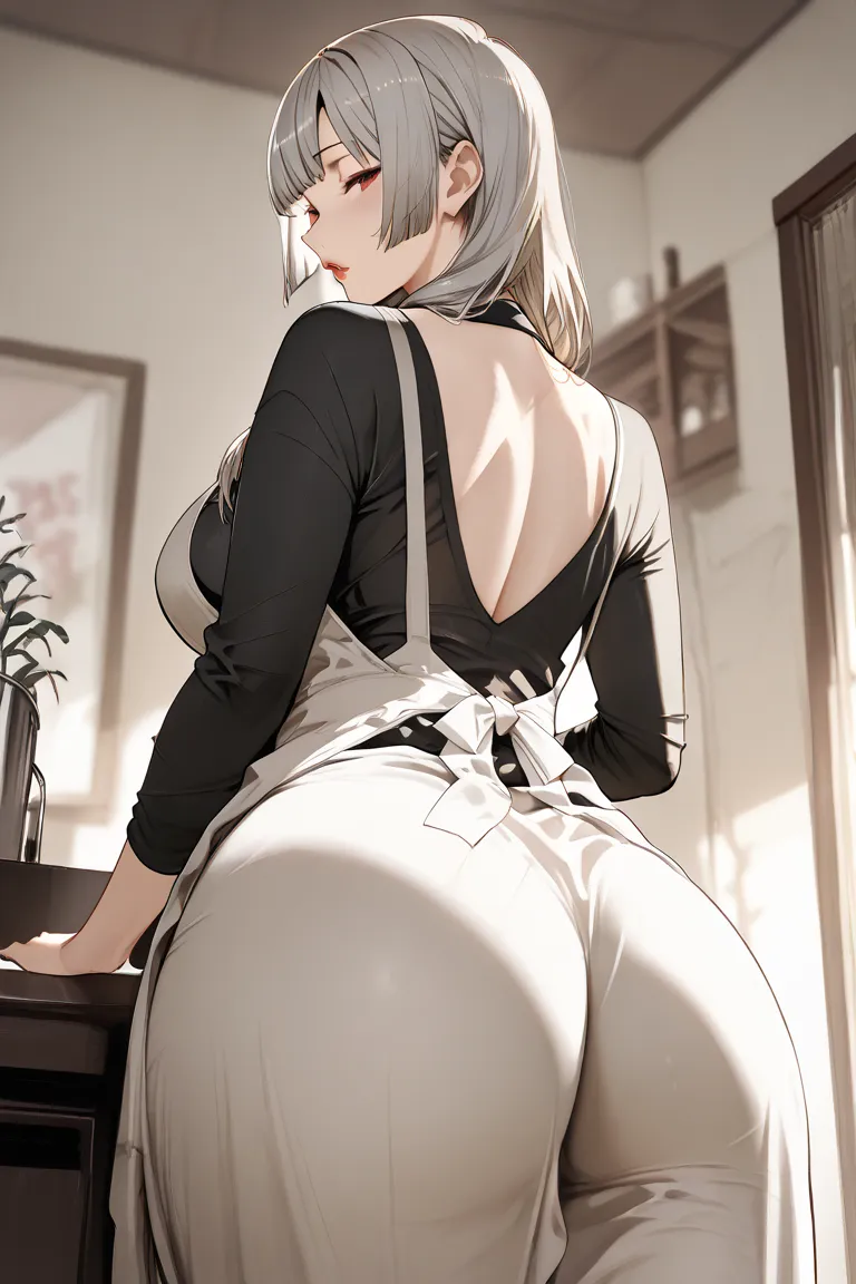 Masterpiece, high contrast, very aesthetic, mature female, housewife, grey hair, hime hair cut, ultra detailed, highres, best quality, seductive pose, big ass