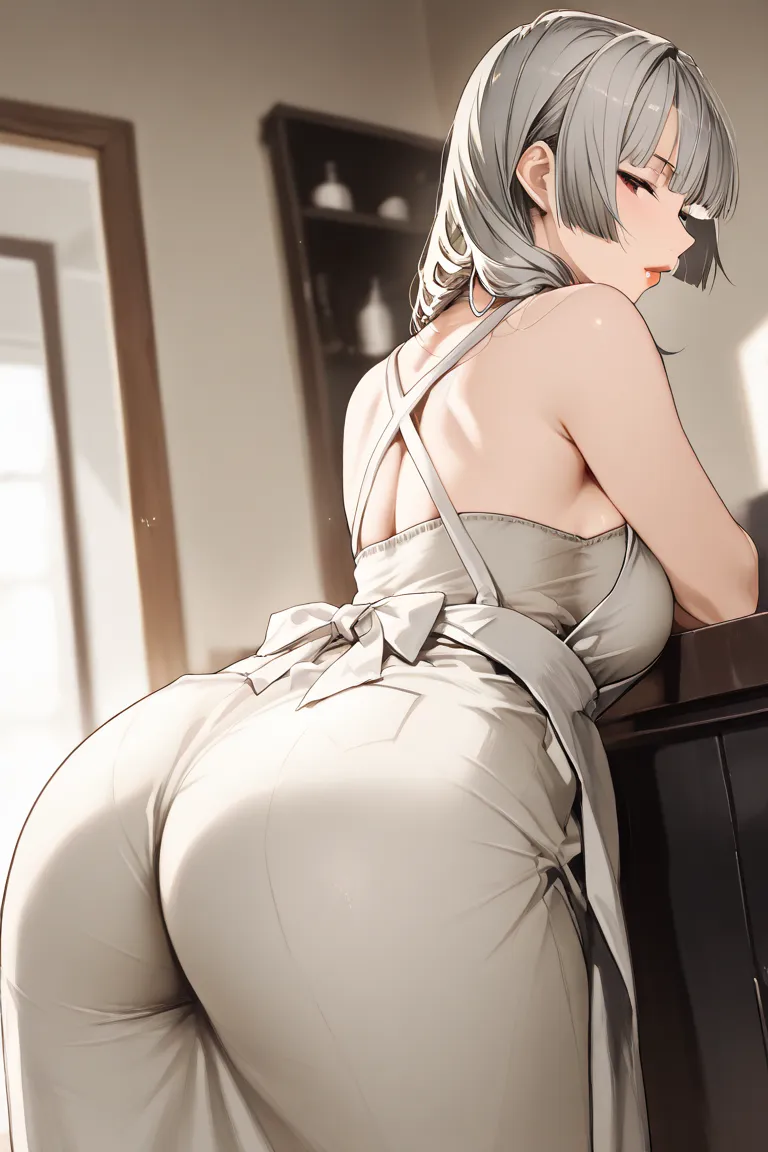 Masterpiece, high contrast, very aesthetic, mature female, housewife, grey hair, hime hair cut, ultra detailed, highres, best quality, seductive pose, big ass