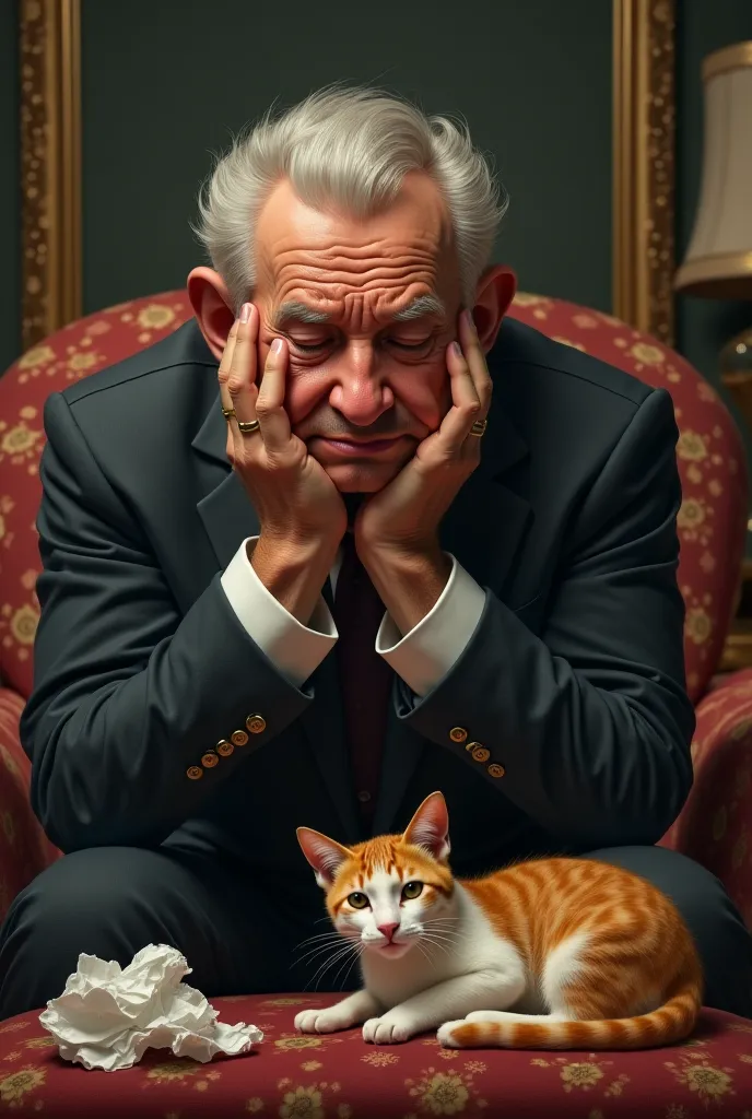 A rich man crying because her cat is died