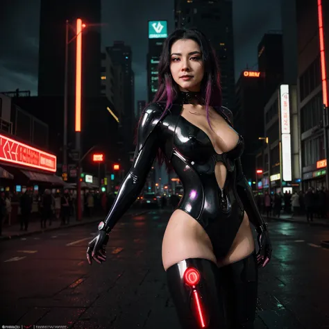 A hyper-realistic cyberpunk femme fatale ninja named Selene Veyra, exuding power and seduction. She has long, flowing black hair reaching past her waist, with crimson neon highlights that glow under the city lights. Her piercing red eyes radiate confidence...