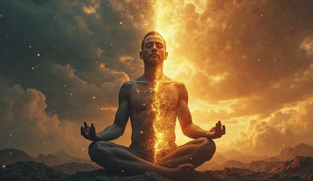 **Prompt for 4K Ultra HD Cinematic Image:**  

*"A visually stunning cinematic artwork depicting the transformation of a man's aura through the power of thought. The central figure, a man sitting in deep meditation, is shown in two contrasting halves—one s...