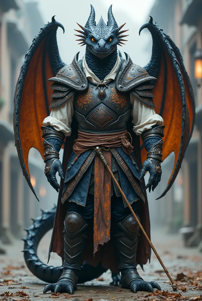 dragonborn(Humanoid dragon) Muscular ,high,gordo,dark blue with orange details,white shirt with leather vest black pants and black boots,bard with harp and whip, king's armor with 4 discs behind ,It has no wings