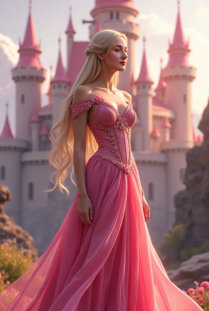 Beautiful queen straight blonde hair pink dress in front Castelo Rosa 