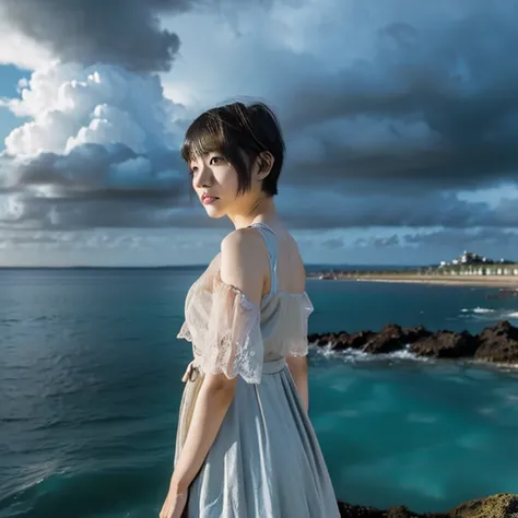 japanese woman,  one woman, ruin,  kawaii, ((very short cut:1.2)), ((cloudy, looking at viewer, standing by the sea:1.3)), gothic lolita