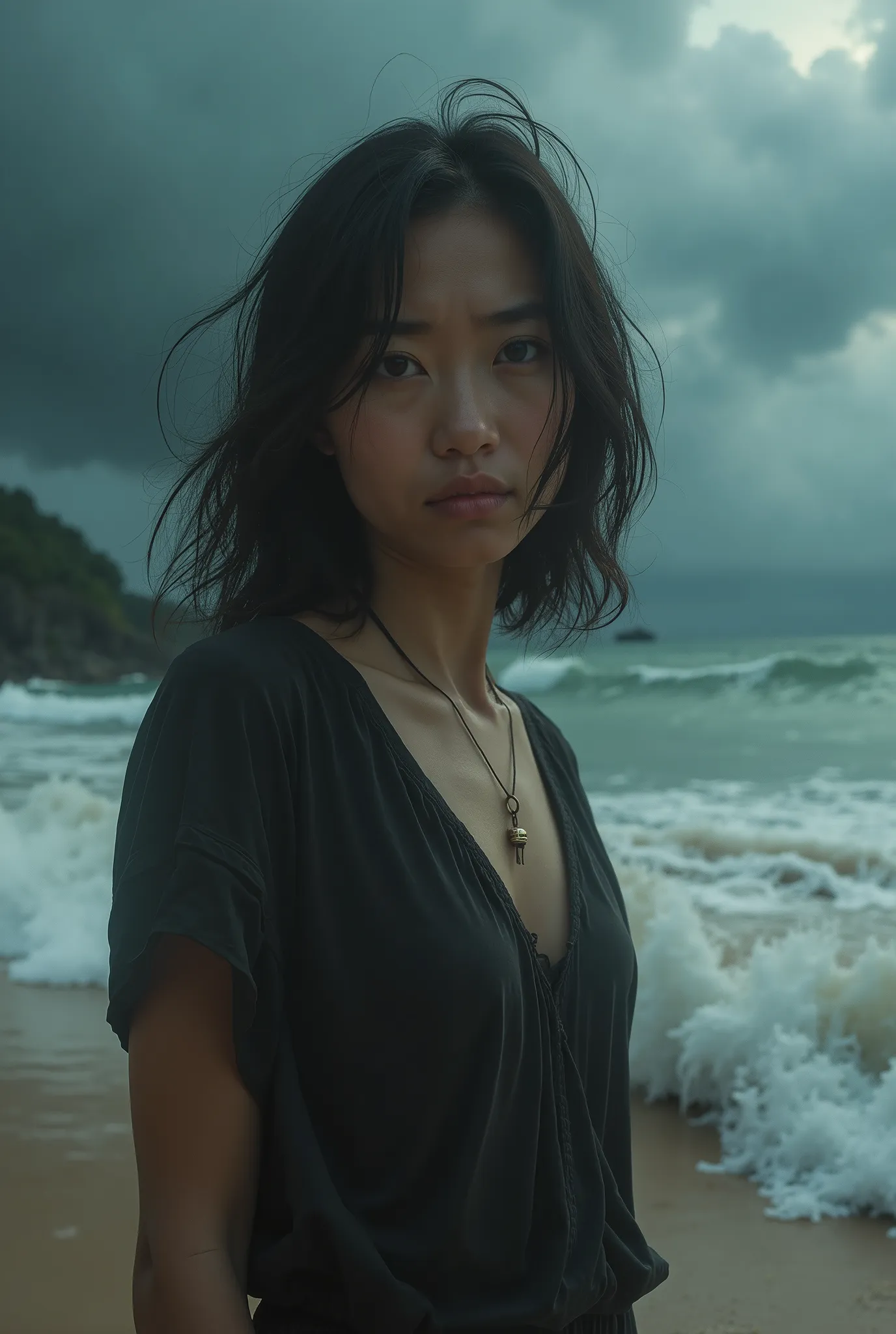 "The same 30-year-old Thai-Vietnamese woman with shoulder-length hair, her large, sweet eyes narrowed with a melancholic fury, brows sharply arched, standing on a stormy beach in Phuket, her unmistakable features fierce against crashing waves and dark, swi...