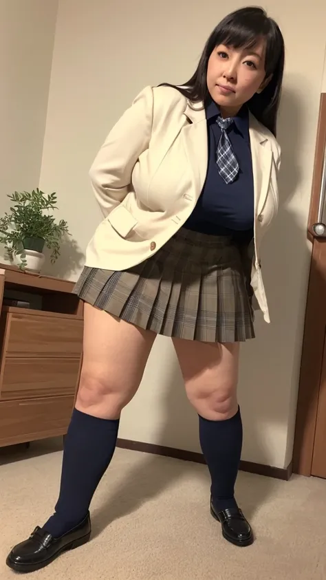 ((8k,High Resolution,Top Quality,High Resolution)),Age 33,alone,natural body shape,white skin,natural makeup,(( black hair,bungs, straight long hair)),(((skirt lift))),((school uniforms,white collar blouse,beige blazer)),((blue plaid pleated skirt)),(Big B...