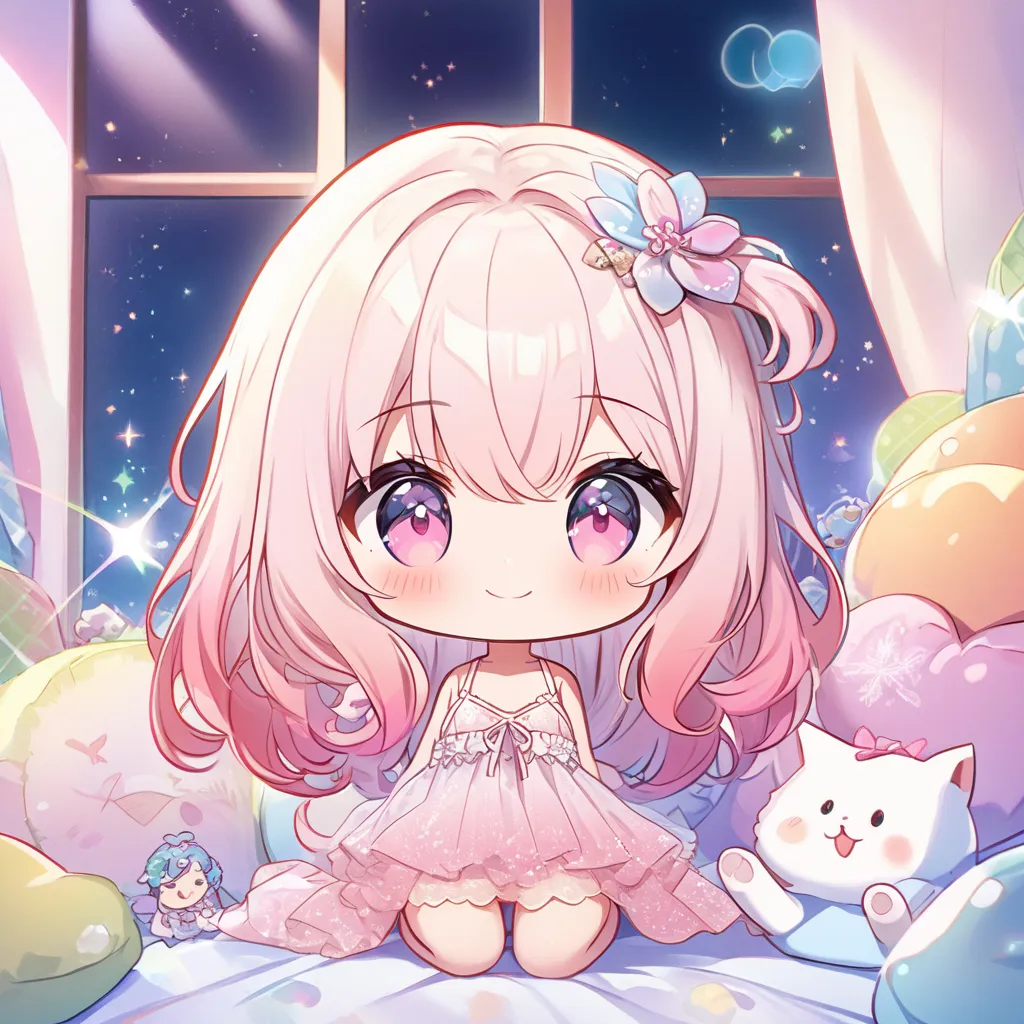 masterpiece, best quality, 4k、((2D illustration))、one beautiful girl、(((chibi style)))、solo、((cute chibi)), ((lens flare))、((sea of light)), ((white light)), ((colorful))、((warm colors))、((long, waist-length hair)), glossy light pink hair, (gradient hair c...